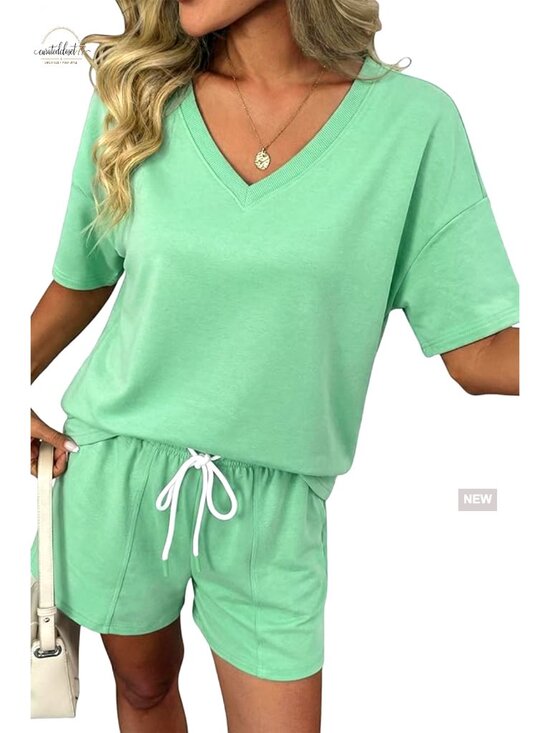 Tops - Women's V-Neck Short Sleeve Tee and Drawstring Shorts Set with Pockets